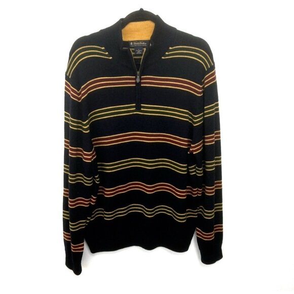 Vintage BROOKS BROTHERS 1/4 Zip Striped Sweater Fine Italian MERINO Wool Mens L - Picture 1 of 10
